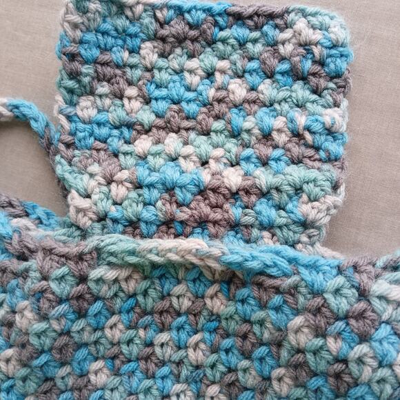 Icelandic Crochet Drawstring Mini Backpack Purse Bag blue grey handmade unlined - Picture 6 of 12